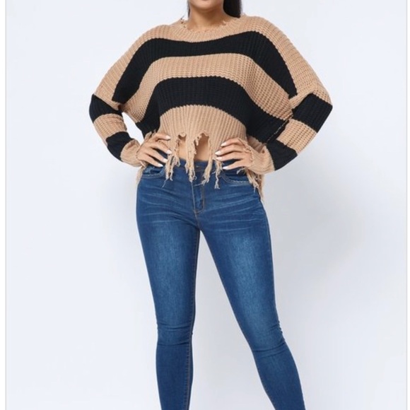 WOMEN’S MOCHA BLACK FRAYED FRINGED COLOR BLOCK CROPPED DISTRESSED SWEATER TOP - Picture 7 of 9